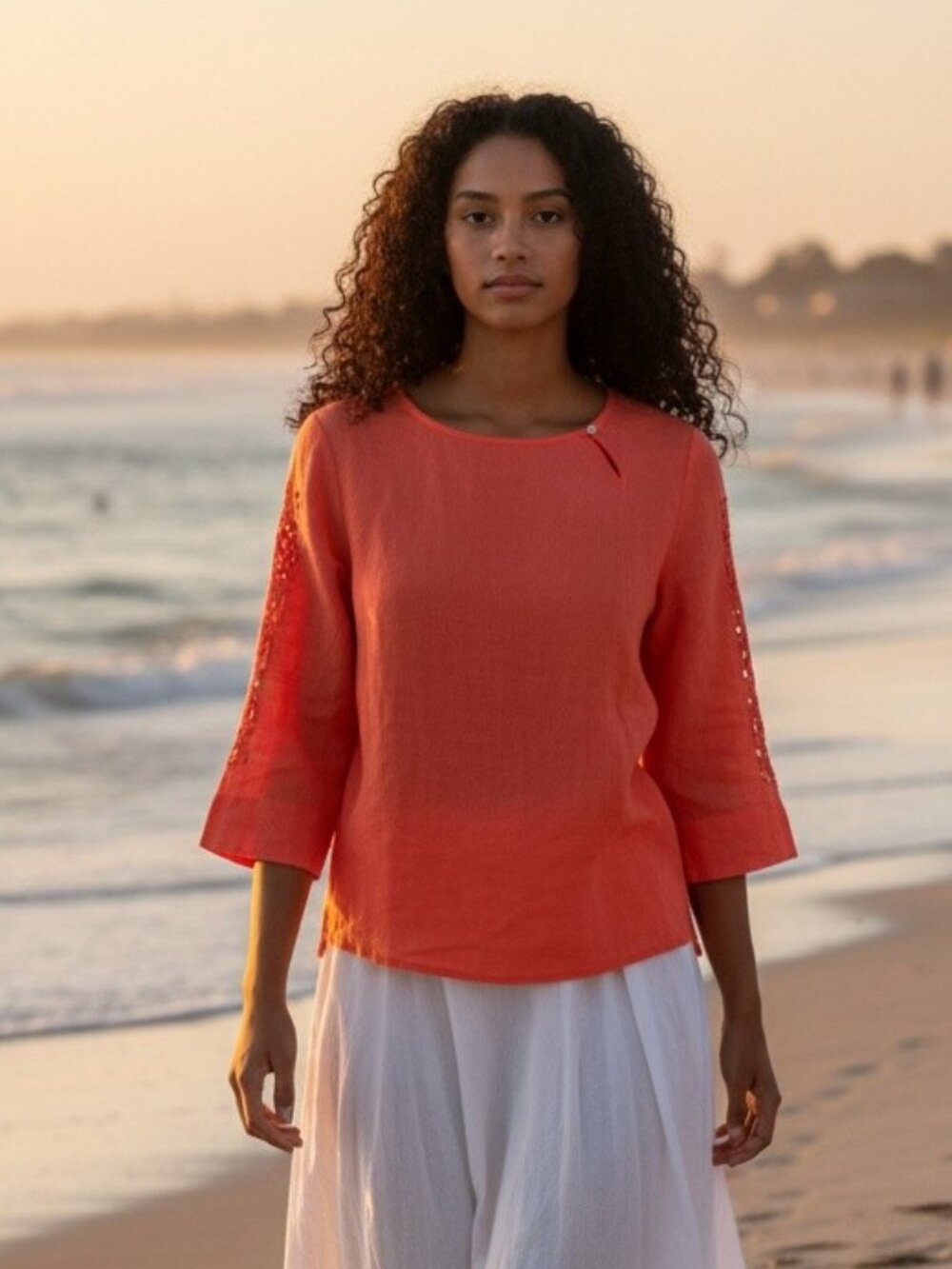 Vintage Edward 100% Irish Linen Coral Cutwork Boho Top Cottagecore Coastal sz M